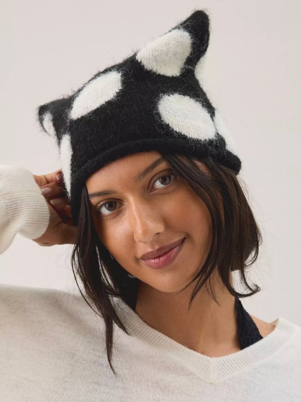 Fuzzy Black and White polka dot beanie OS